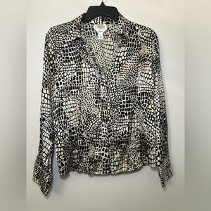 Talbots Petites Silk Animal Print Notched Collar Stretch Button Down Shirt Sz 12